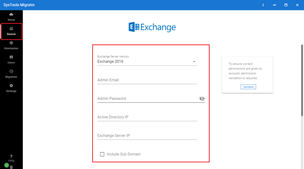 enter the details of Exchange Server